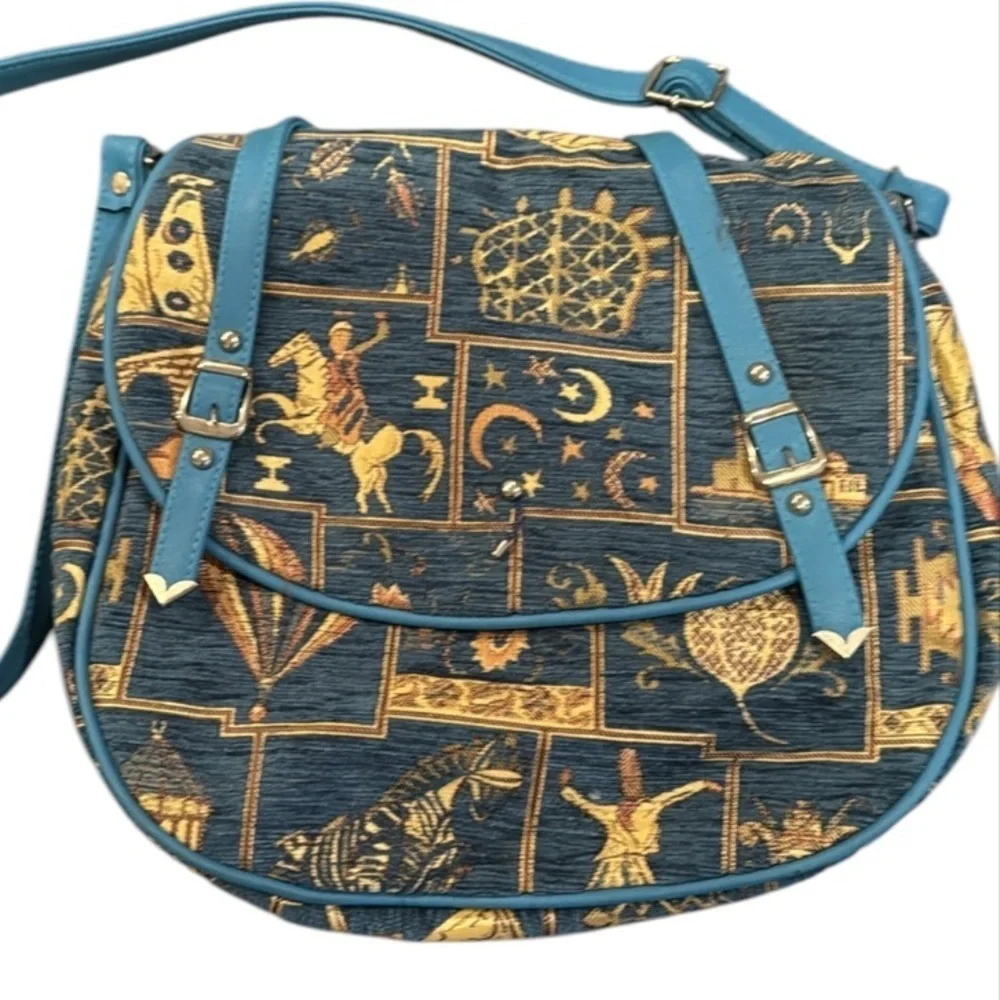 Motif Turkish Blue Tapestry & Vegan Leather Satchel Crossbody Bag